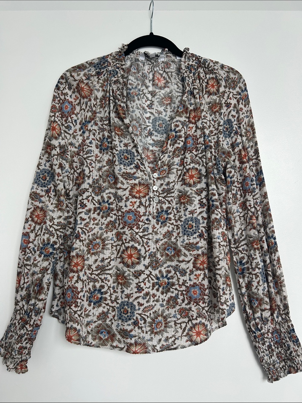 Veronica Beard Floral Peasant Top - Cream, Rust & Blue
